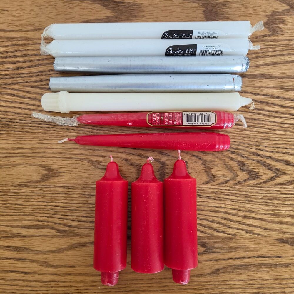 Assorted Taper Candle Lot - White, Silver, Red - Holiday Candles Holiday Decor